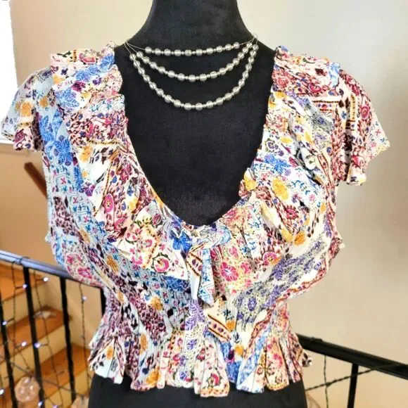 Nwt RAGA Multicolor Short Sleeve Ruffle Top Size Medium - Picture 10 of 16